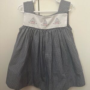 Navy Gingham Dress with Sailboat Embroidery